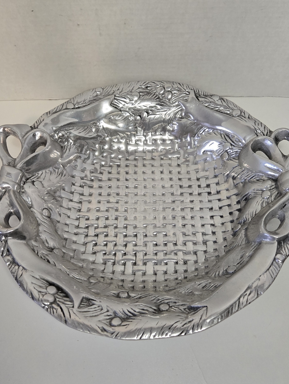 Cast Aluminum Embossed Holly Vine, Basket Weave, Bows Serving Tray Platter Bowl